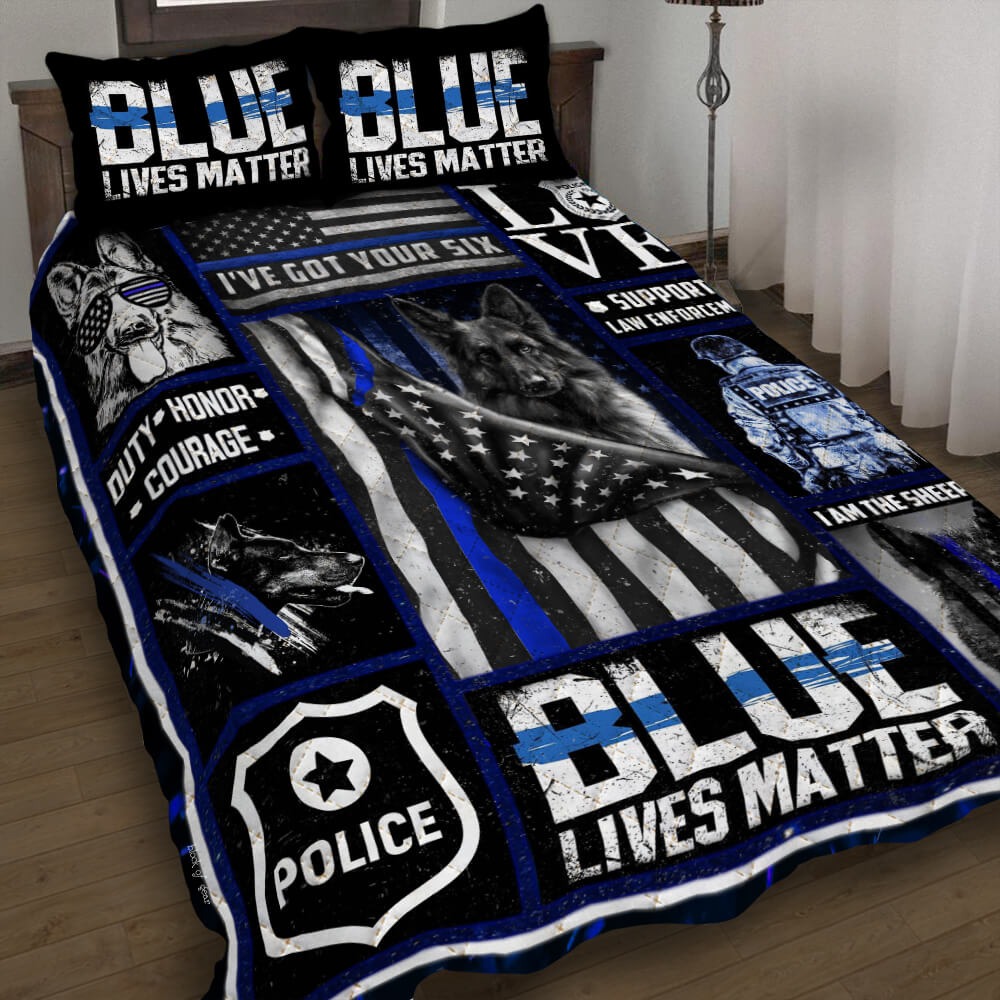 Police dog thin blue line blue lives matter quilt bed set