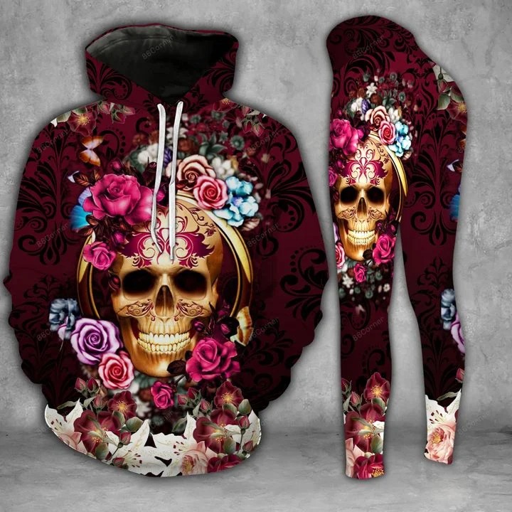 Purple skull flower 3d hoodie and legging