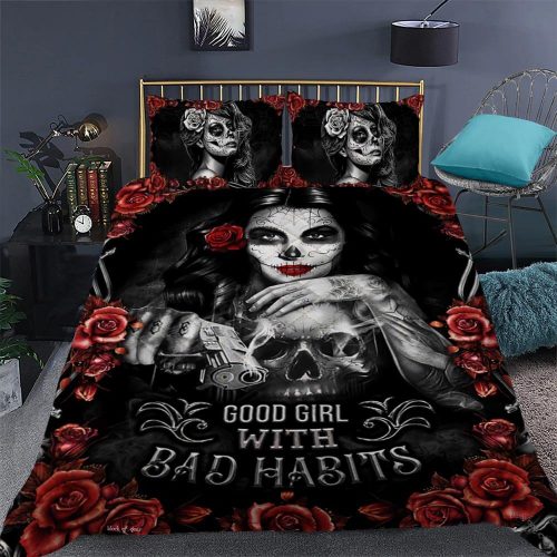 Skull girl good girl with bad habits quilt bedding set-2