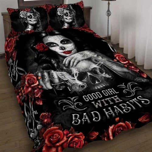 Skull girl good girl with bad habits quilt bedding set