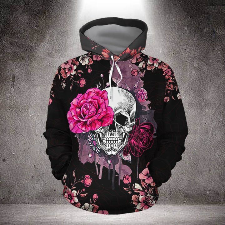 Skull pink rose 3d all over printed hoodie 1
