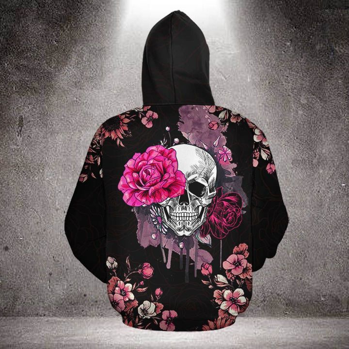 Skull pink rose 3d all over printed hoodie 2