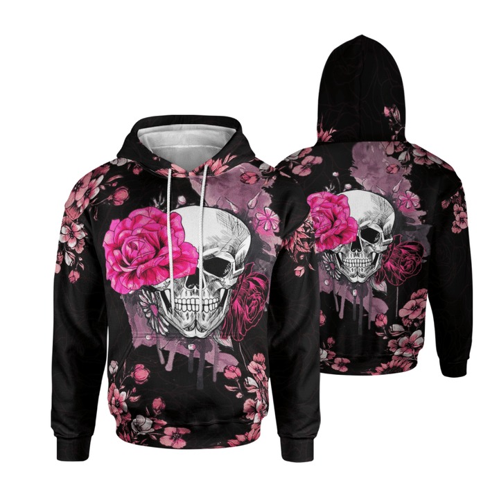 Skull pink rose 3d all over printed hoodie ad