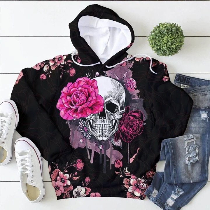 Skull pink rose 3d all over printed hoodie