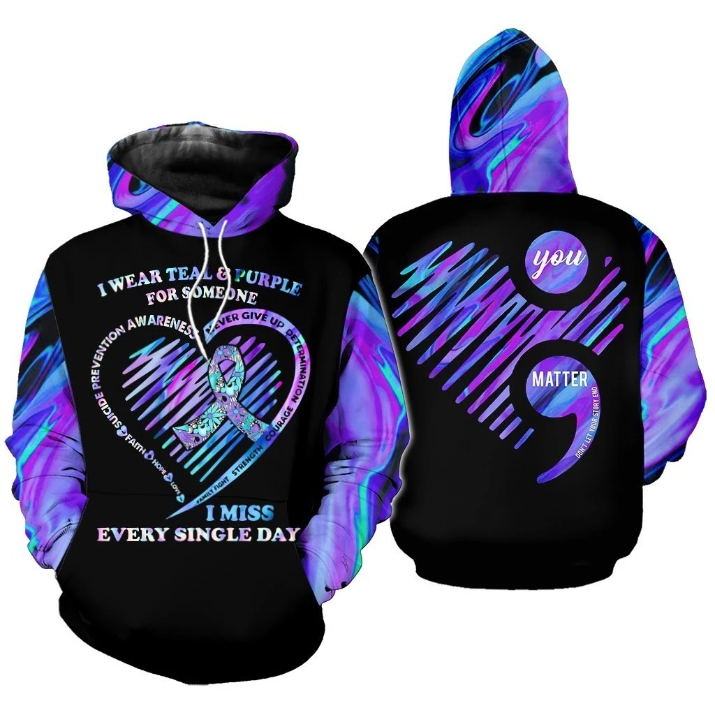 Suicide prevention awareness i wear teal and purple 3d hoodie, shirt