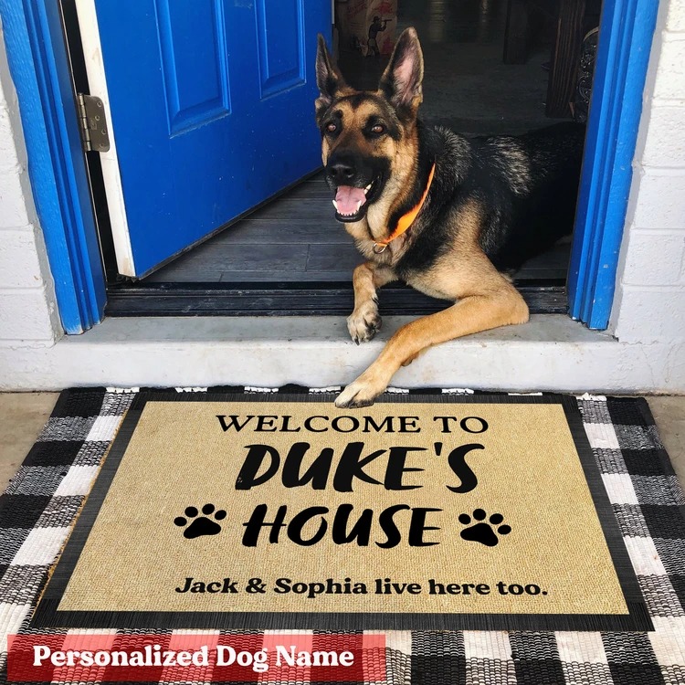 Welcome to dog house live here too custom personalized name doormat 2