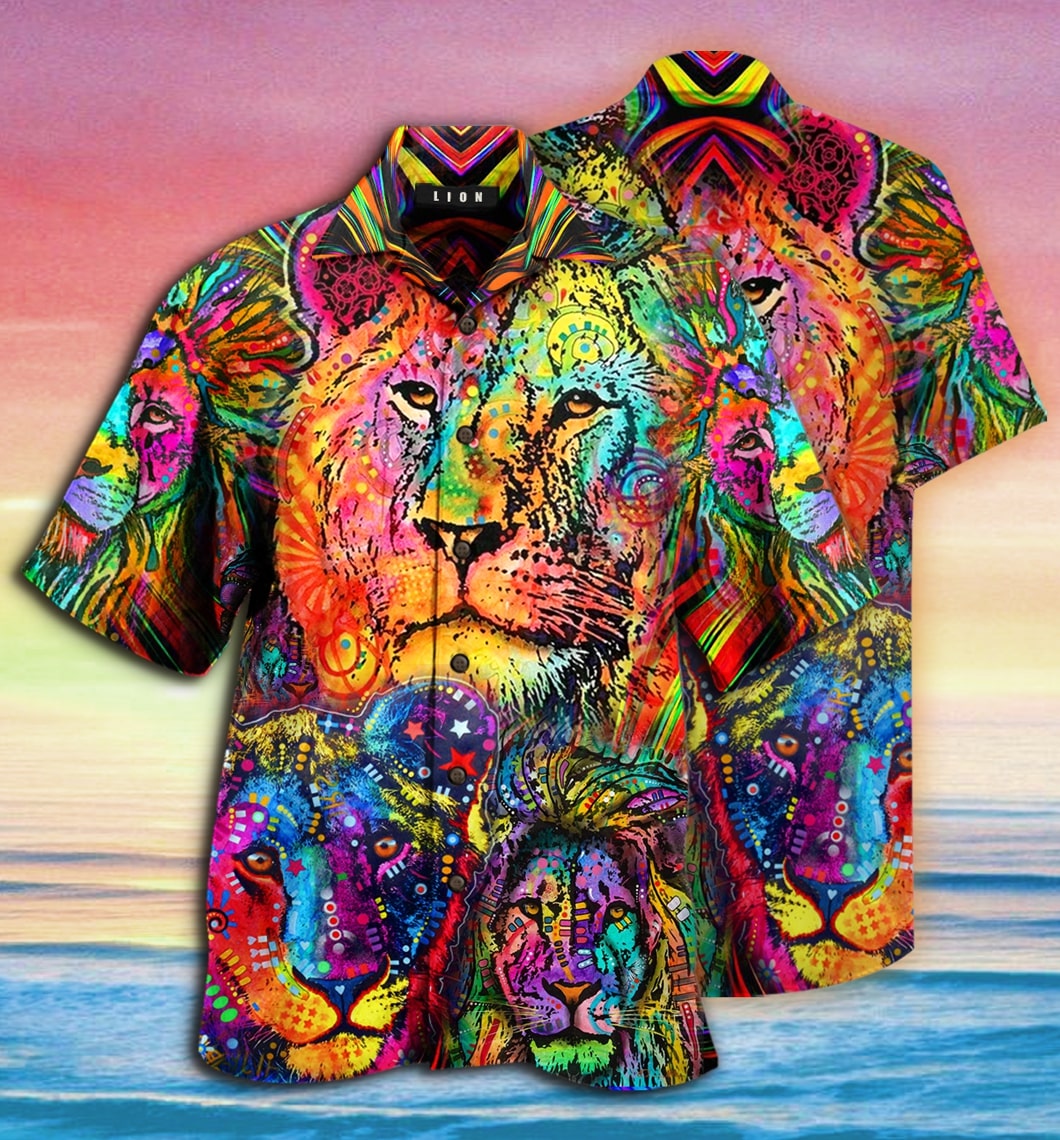 colorful lion king and queen full printing hawaiian shirt 1