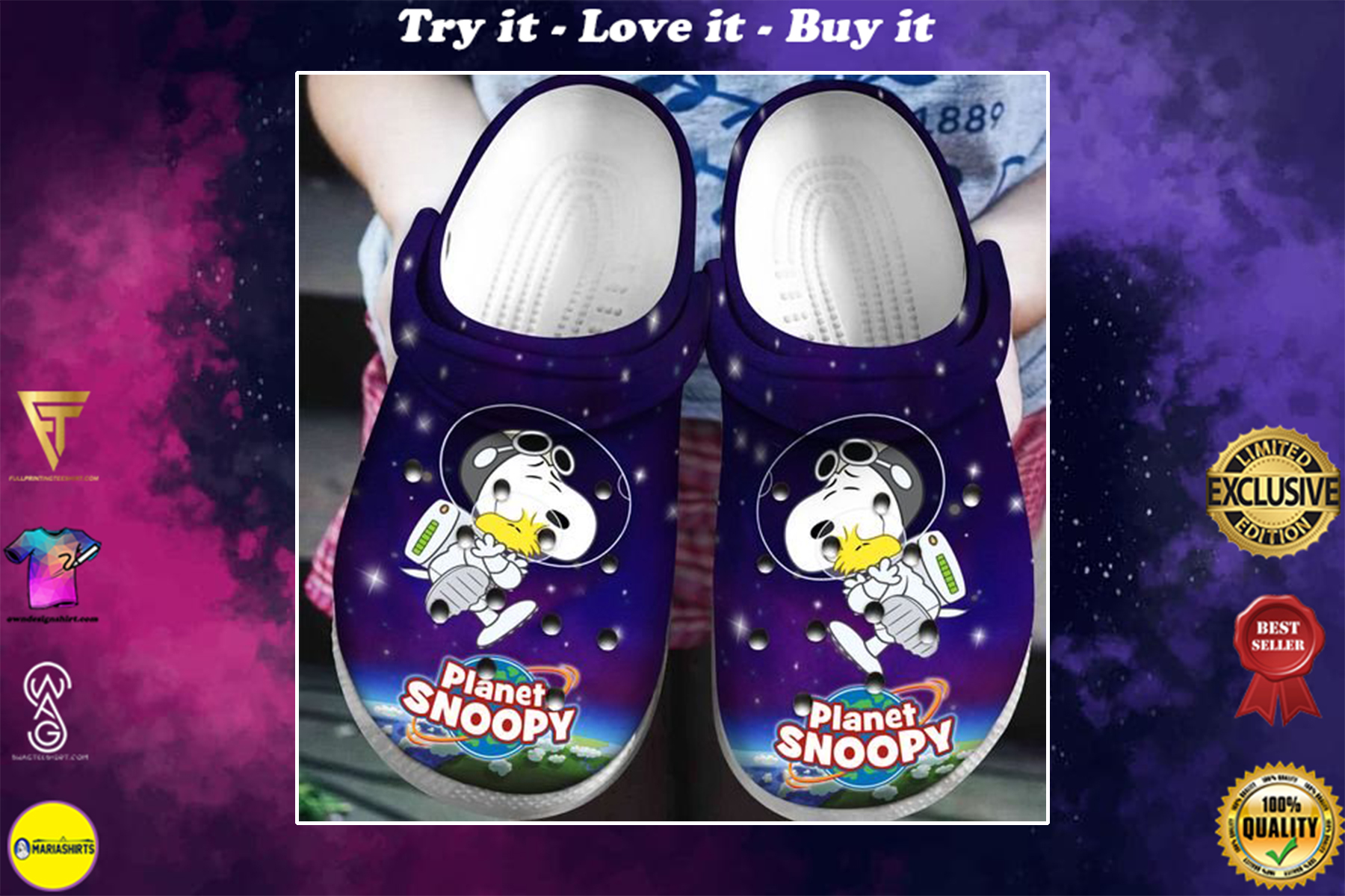 crocs planet snoopy and woodstock in space clog
