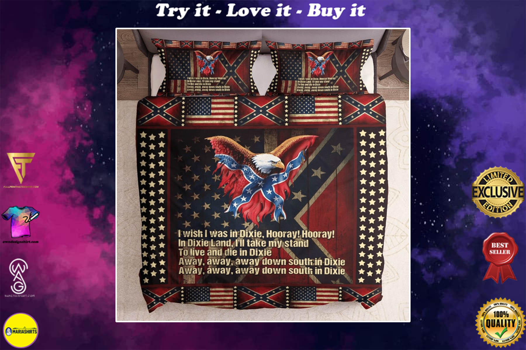 eagle with american and confederate flag bedding set