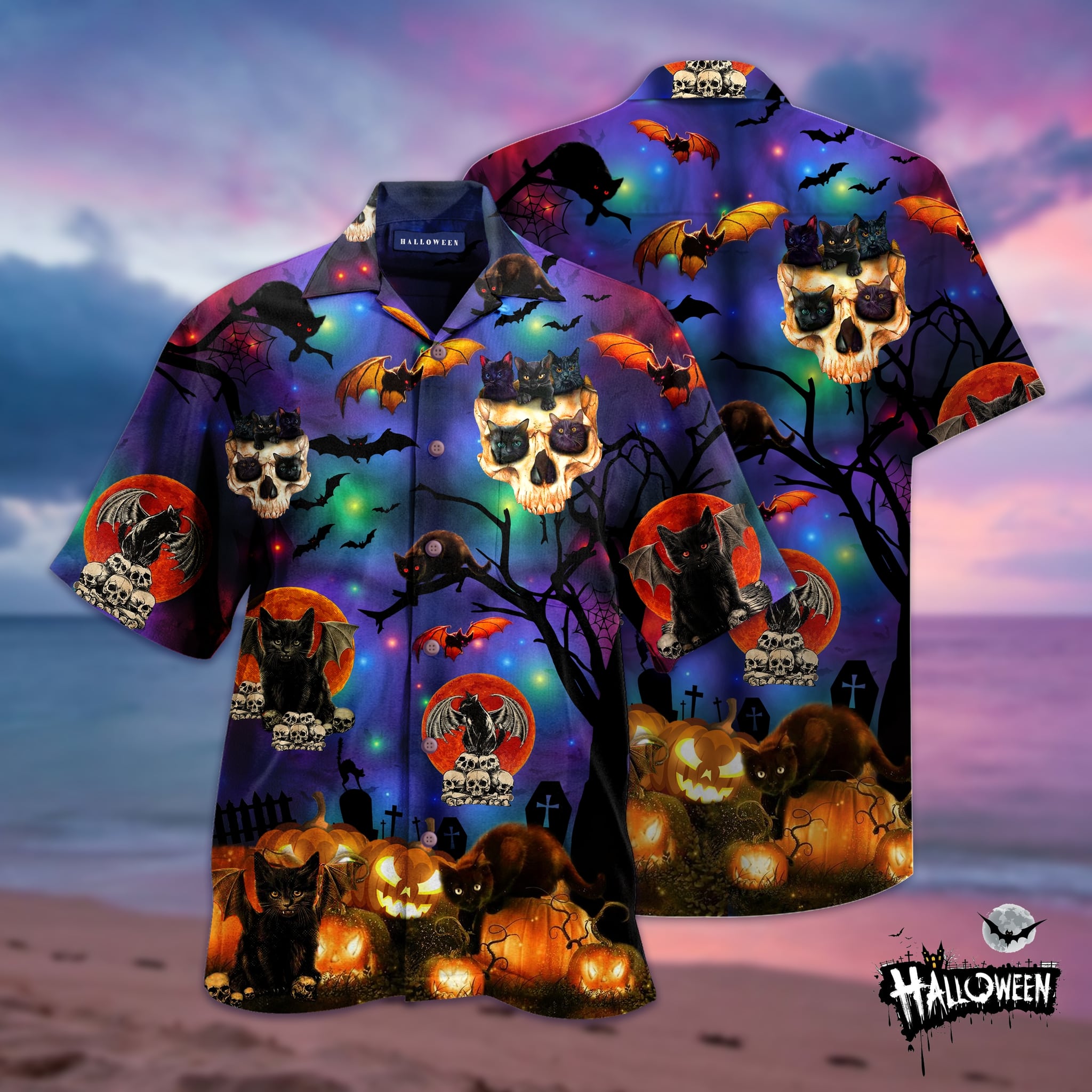 skull black cat halloween full printing hawaiian shirt 1