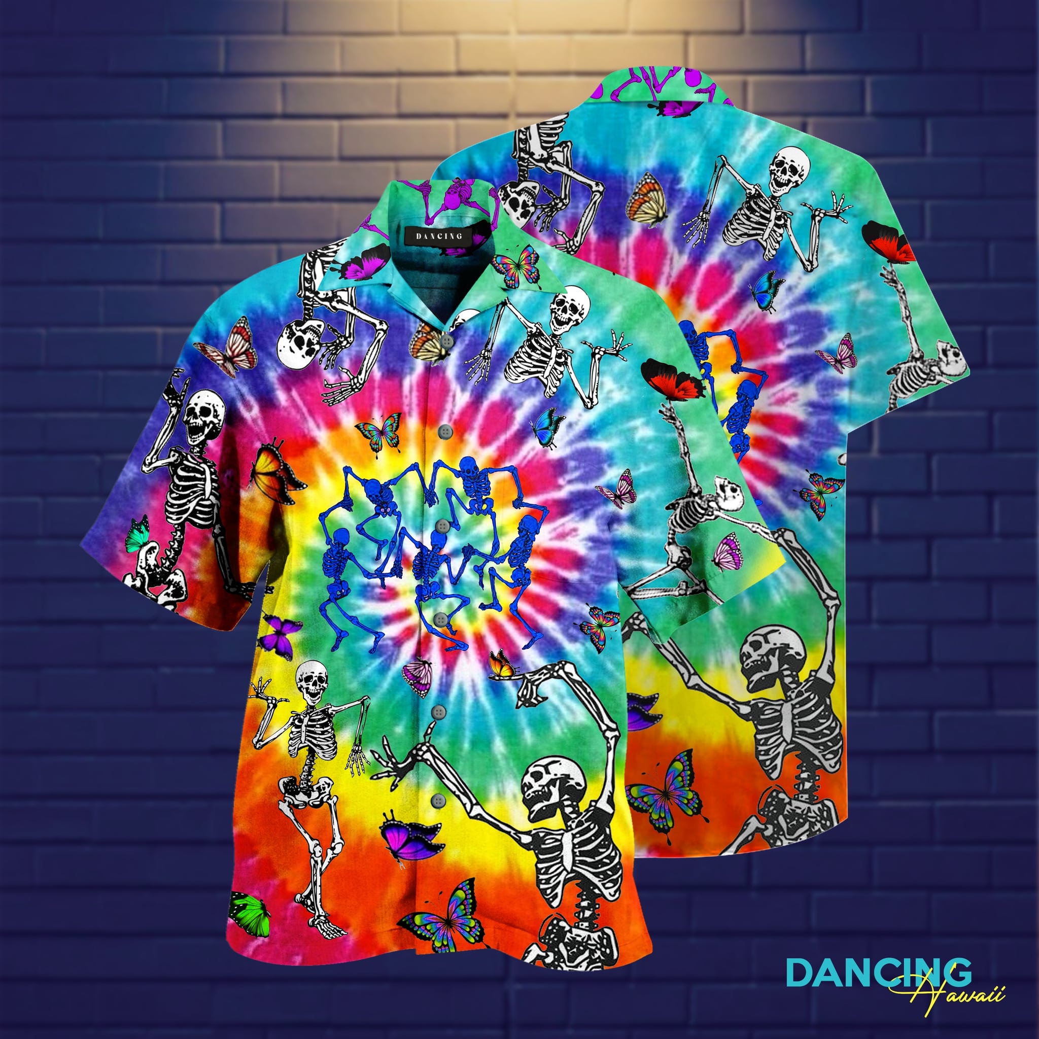 tie dye dancing skeletons full printing hawaiian shirt 1