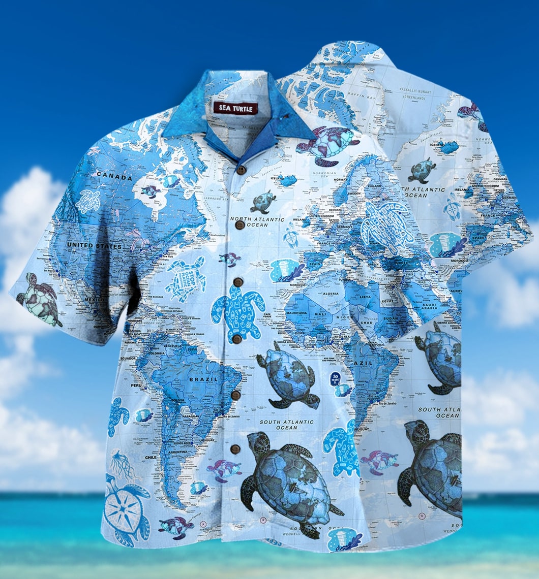 world map sea turtles full printing hawaiian shirt 1