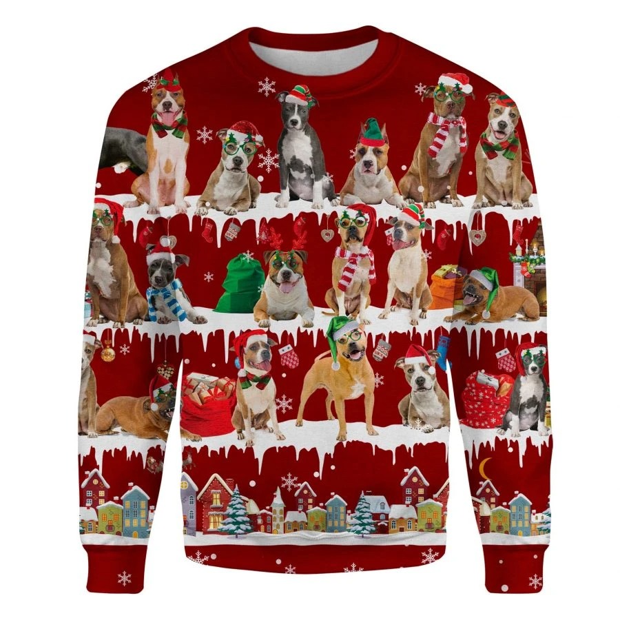 American Staffordshire Terrier snow christmas ugly sweater 1
