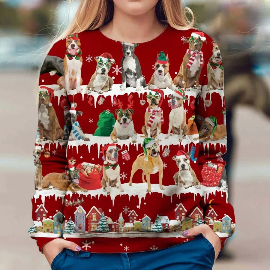 American Staffordshire Terrier snow christmas ugly sweater