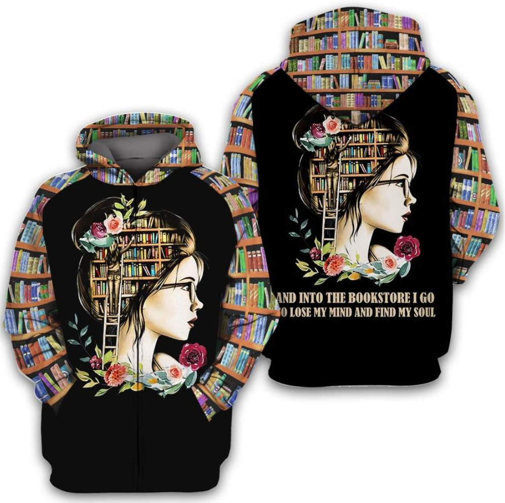 And into the bookstore i go to lose my mind and find my soul all over printed 3D zip hoodie