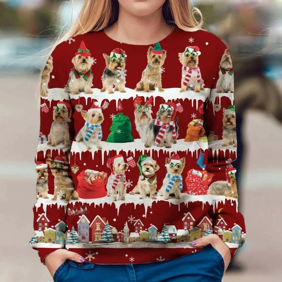 Australian Silky Terrier snow christmas ugly sweater