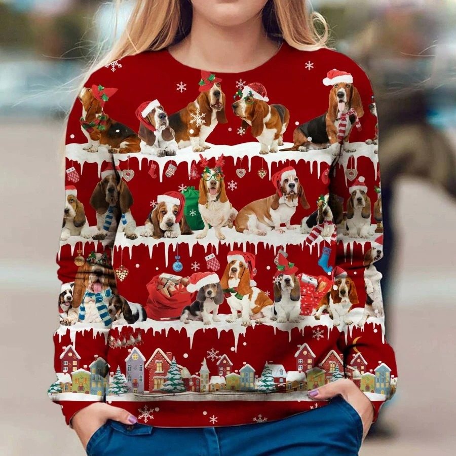 Basset Hound Dog snow christmas ugly sweater