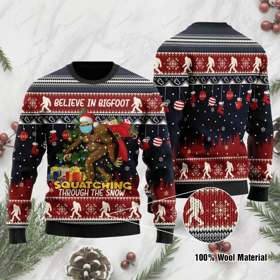 Believe in bigfoot squatching through the snow ugly sweater