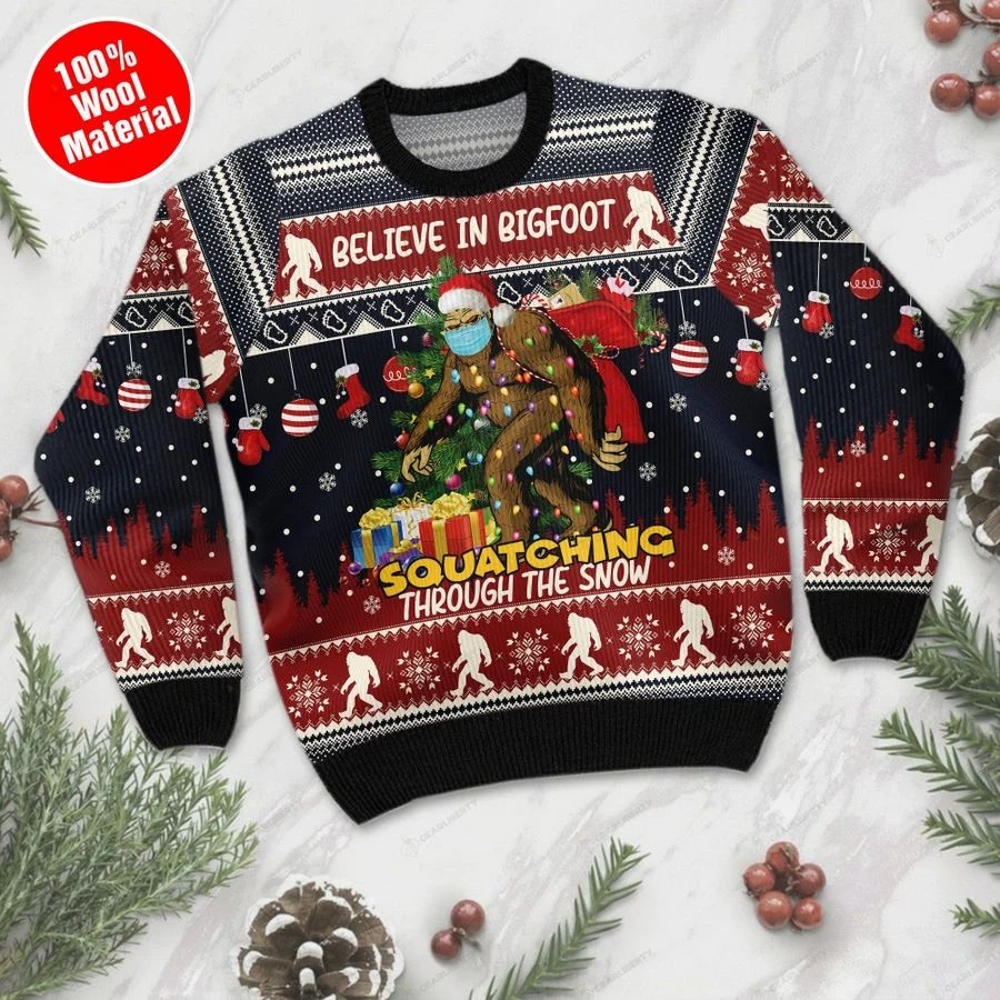 Believe in bigfoot squatching through the snow ugly sweater1