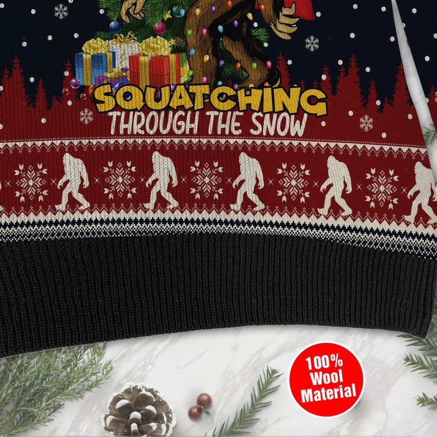 Believe in bigfoot squatching through the snow ugly sweater3