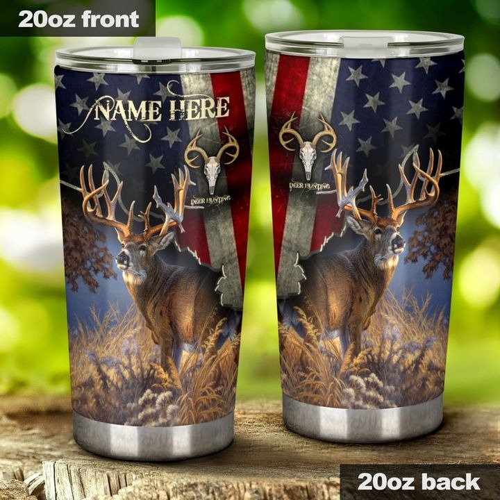 Deer hunting american flag personalized custom name tumbler