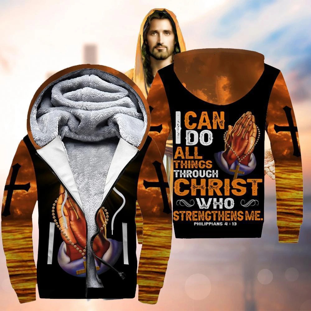 God hand cross i can do all things through christ all over printed 3d fleece hoodie