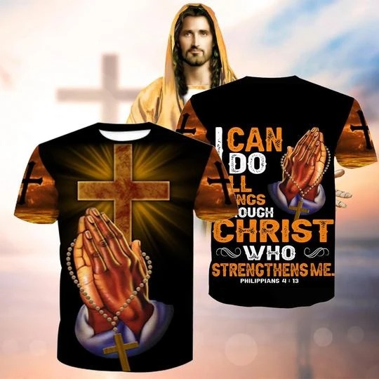 God hand cross i can do all things through christ all over printed 3d t-shirt