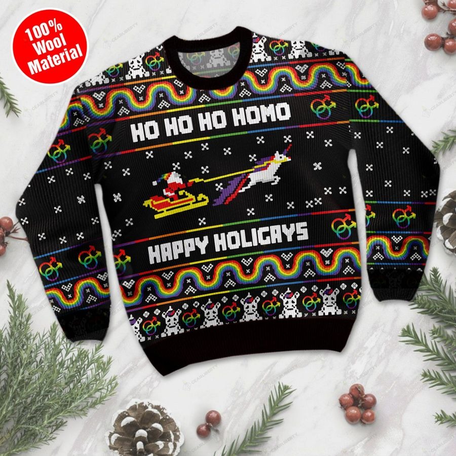 Ho Ho Ho Homo Happy Holigays With Santa And Unicorn Ugly Sweater