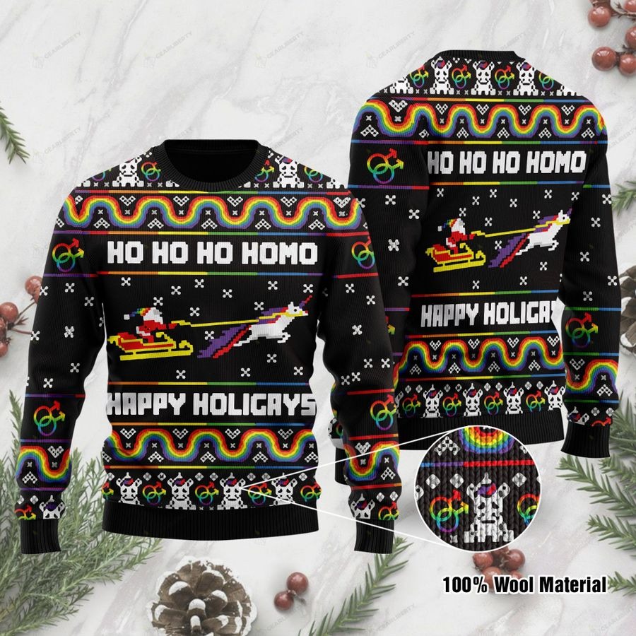 Ho Ho Ho Homo Happy Holigays With Santa And Unicorn Ugly Sweater