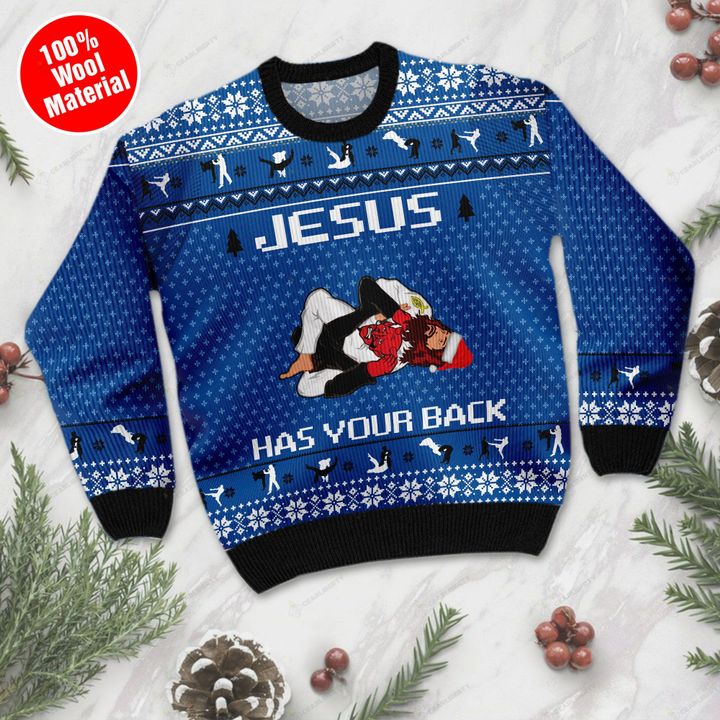 Jesus has your back jiu jitsu christmas ugly sweater- pic 1