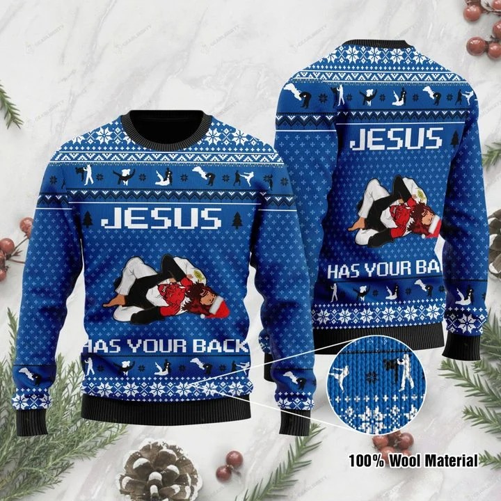 Jesus has your back jiu jitsu christmas ugly sweater