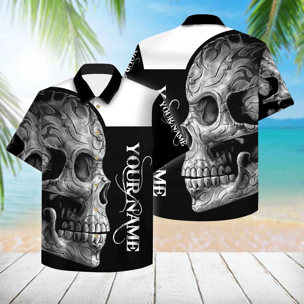 Personalized Black And White Skull Hawaiian Shirt