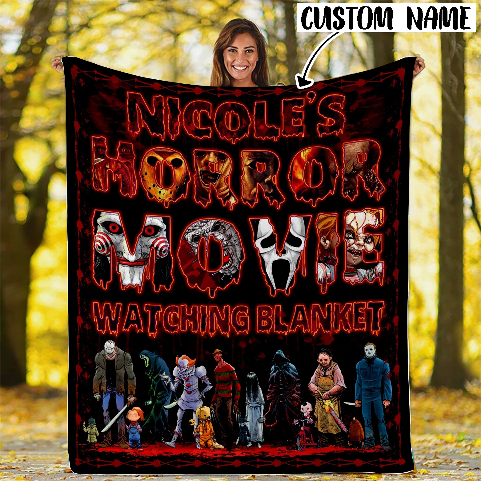 Personalized horror movie watching blanket