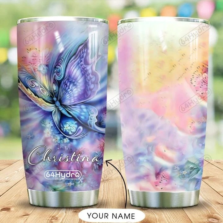Rainbow butterfly personalized custom name tumbler