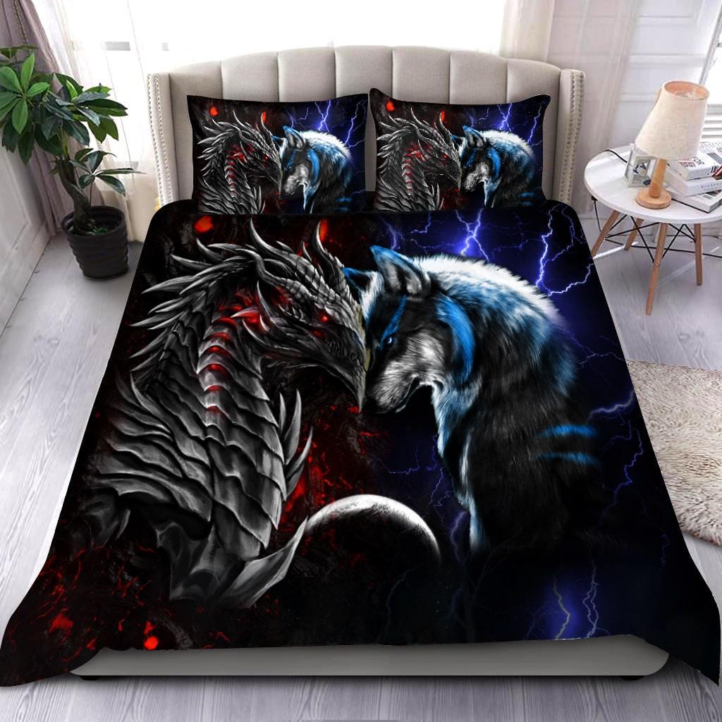 Red and blue dragon and wolf bedding set