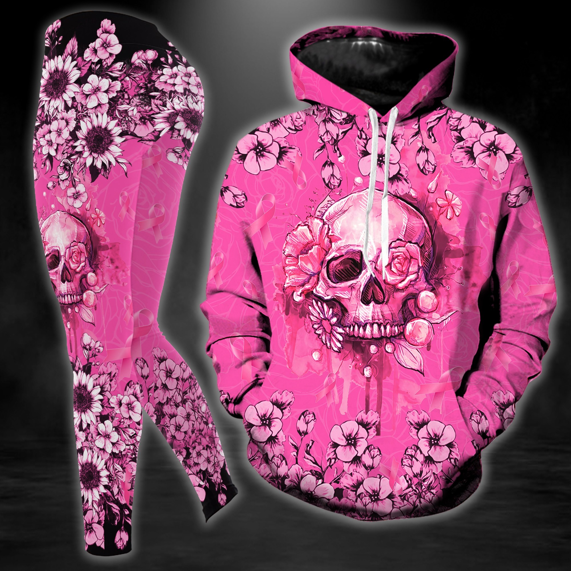 Skull flower breast cancer warrior 3d hoodie, leggings, hollow tank top