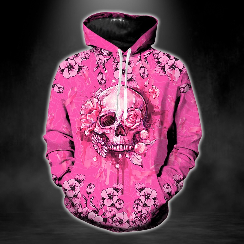 Skull flower breast cancer warrior 3d hoodie
