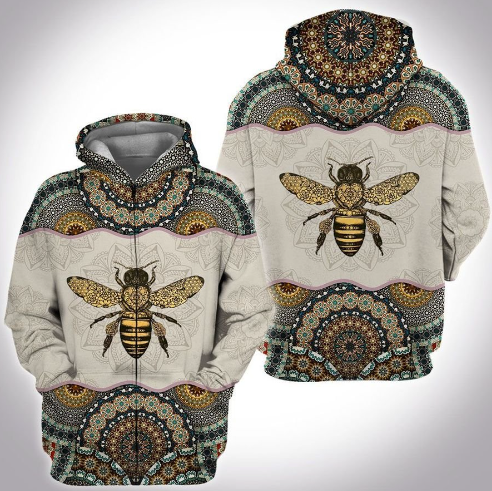 Bee mandala all over printed 3D zip hoodie