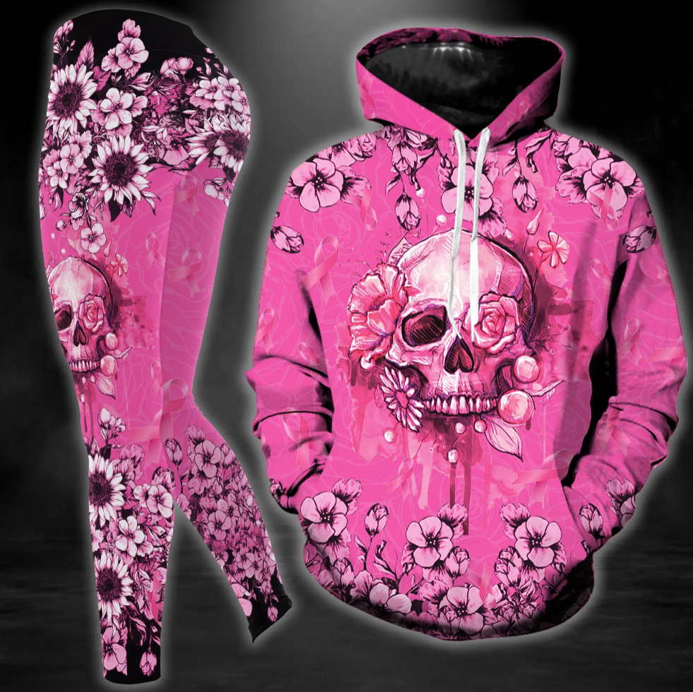 Breast cancer awareness floral skull all over printed hoodie and legging