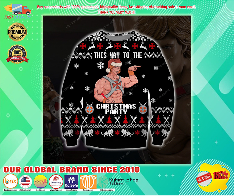 HE-MAN THIS WAY TO THE CHRISTMAS PARTY UGLY CHRISTMAS SWEATER