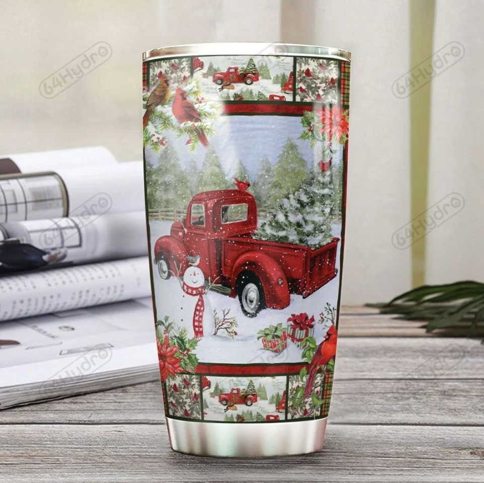 Personalized Red truck Merry Christmas tumbler 1