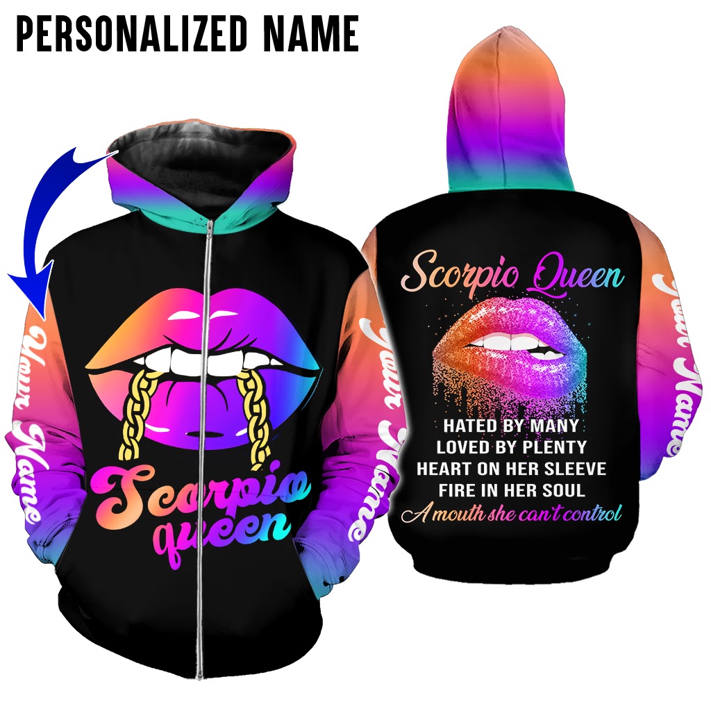 Personalized custom name Scorpio queen lips 3d all over printed zip hoodie