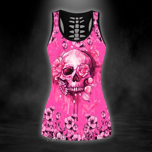 Skull Breast cancer warrior all over printed hollow tank top