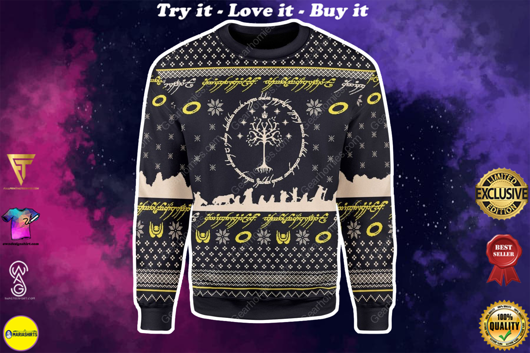 lord of the rings all over printed ugly christmas sweater
