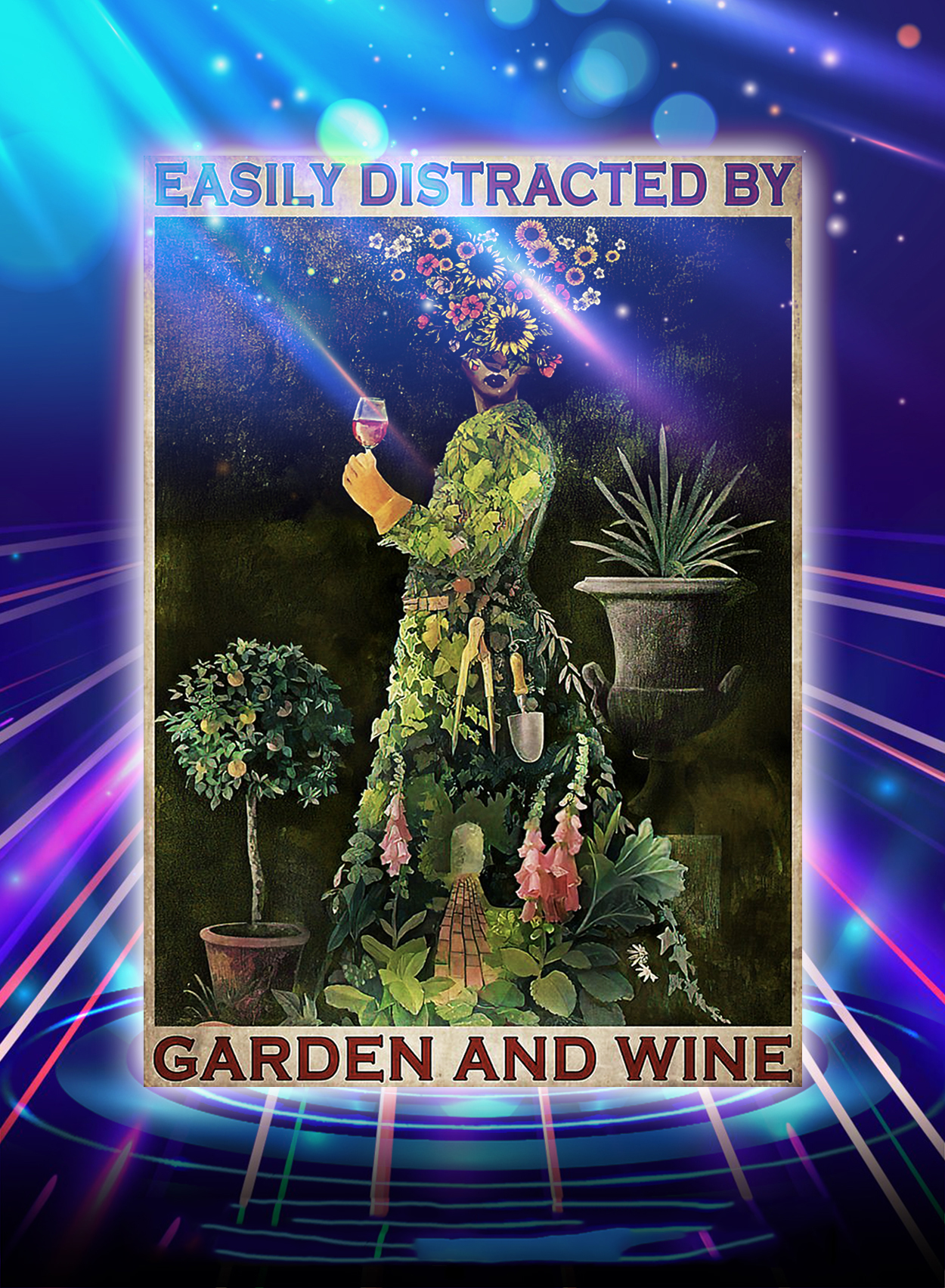 Flower girl easily distracted by garden and wine poster - A2