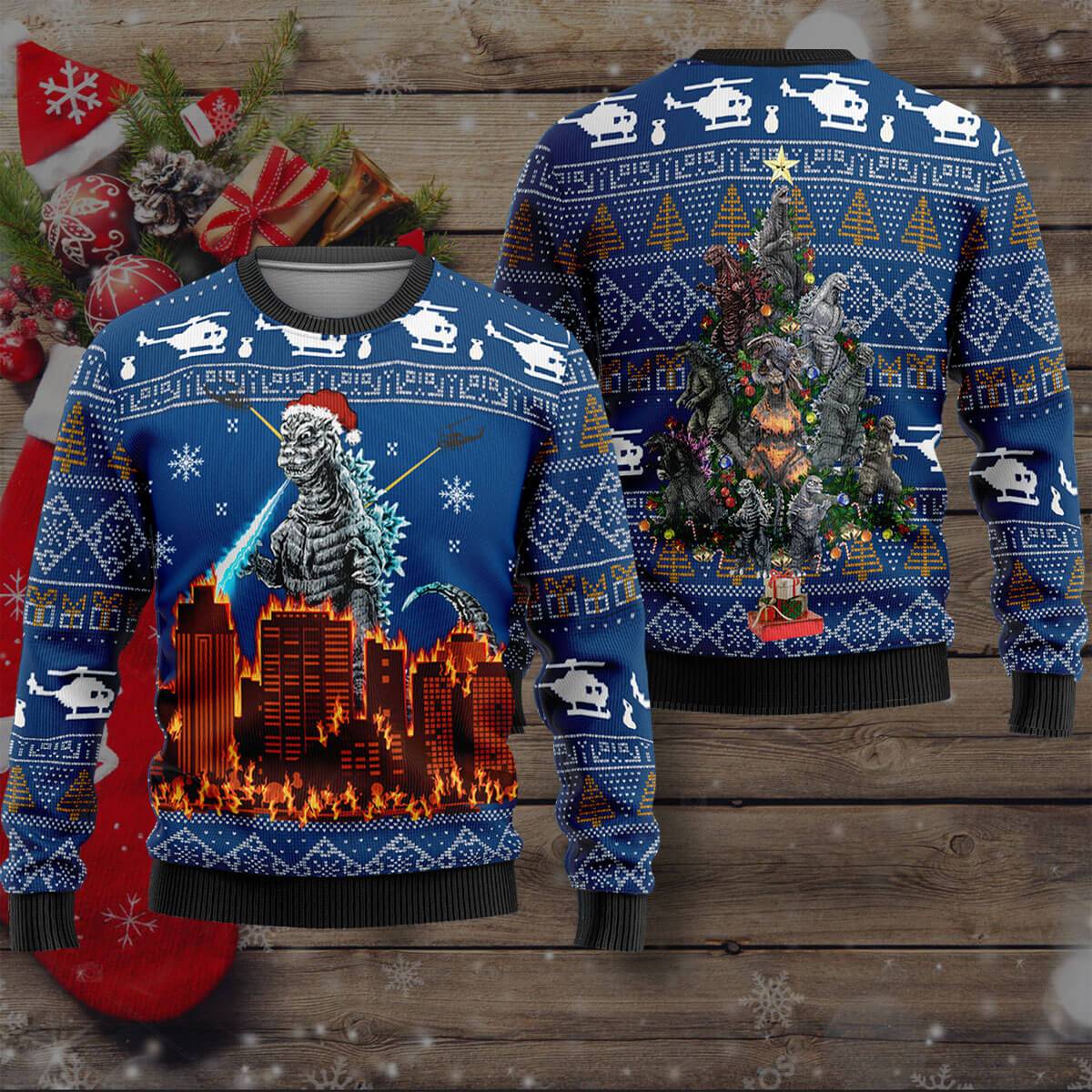 Godzilla ugly christmas sweater