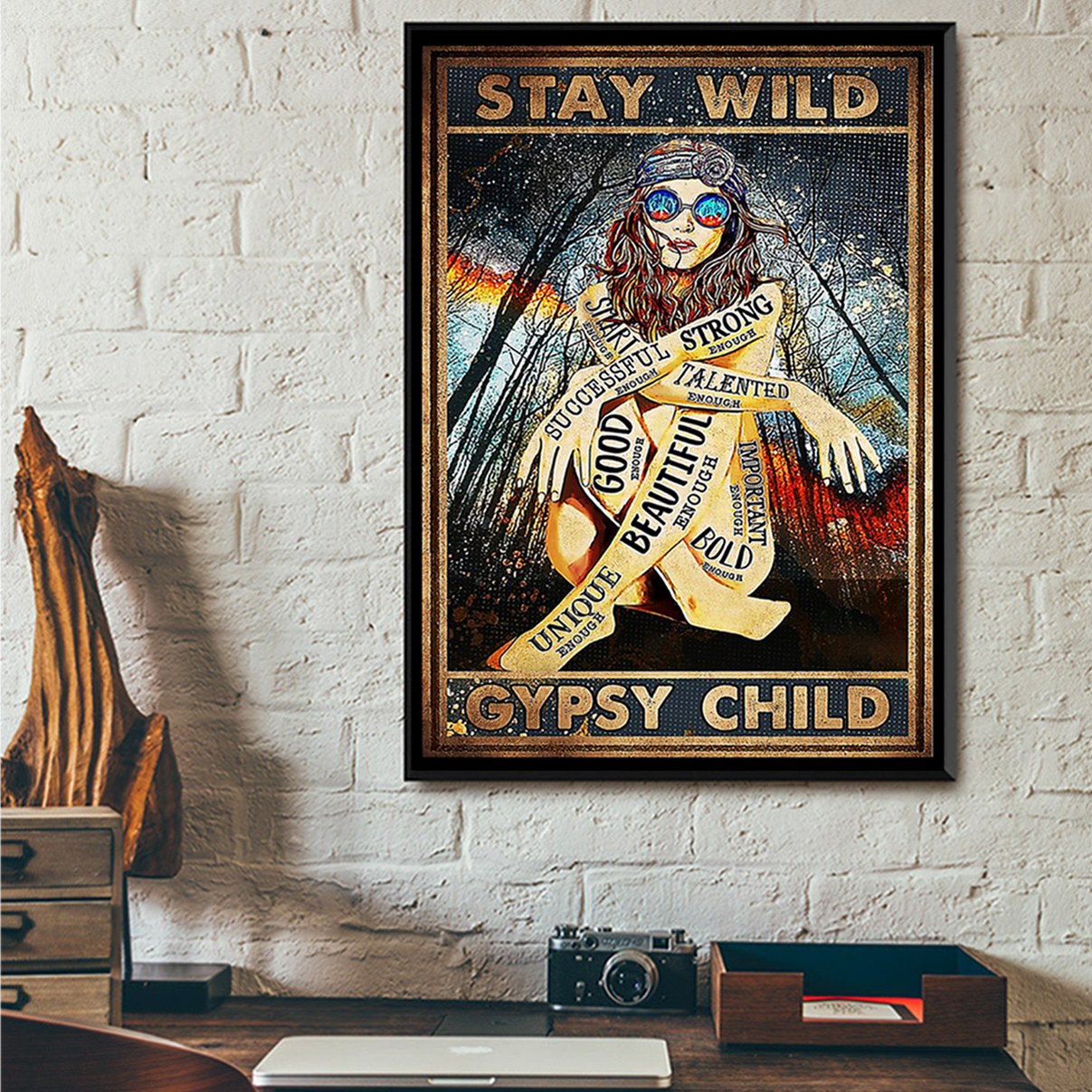 Hippie girl glasses stay wild gypsy child poster A3