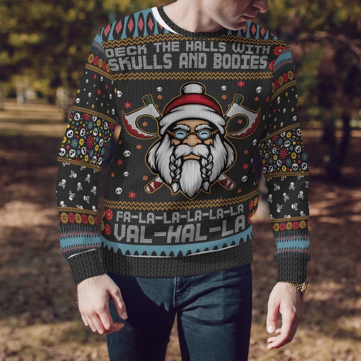Viking deck the halls with skulls and bodies 3d hoodie and christmas sweater 4