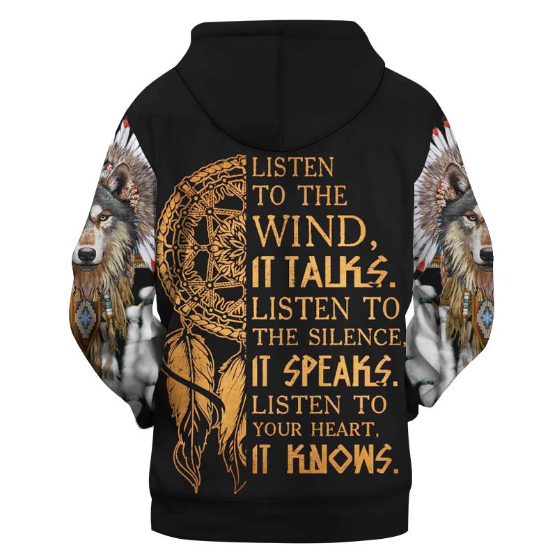 Wolf With Feather Headdress 3D Hoodie 1