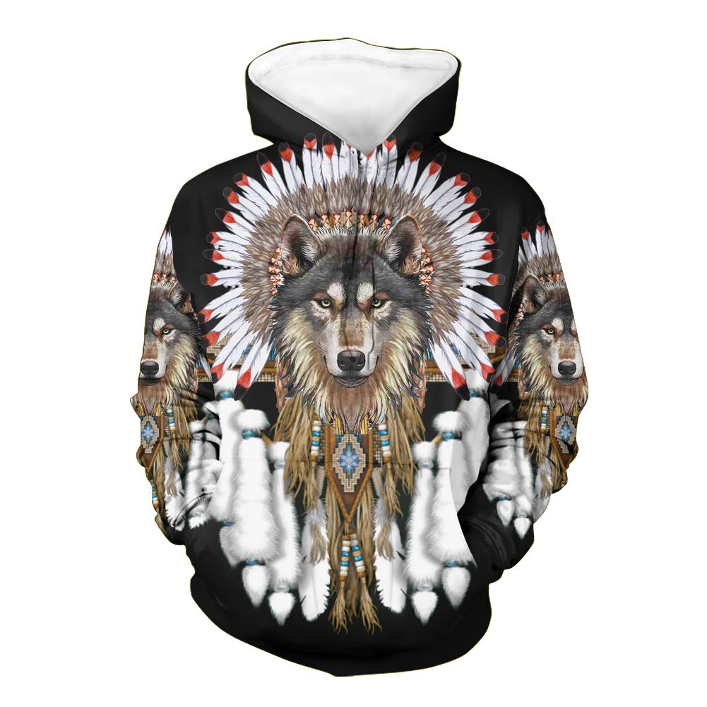 Wolf With Feather Headdress 3D Hoodie